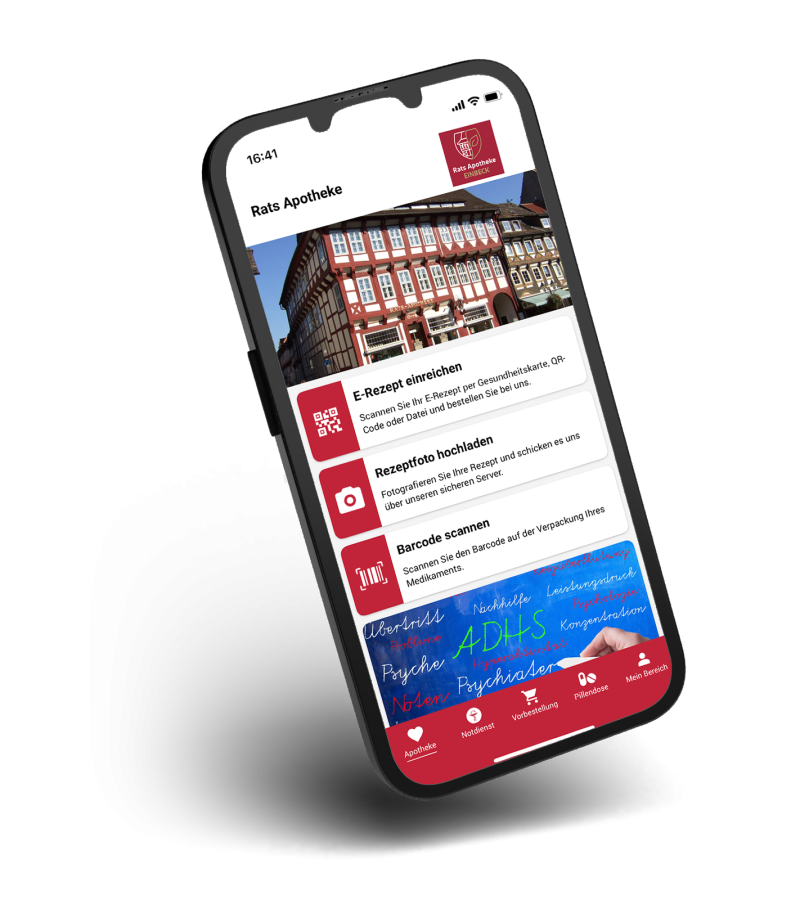 Isoliertes Smartphone, das die Oberfläche der Rats-Apotheken App für mobile Bestellungen zeigt.