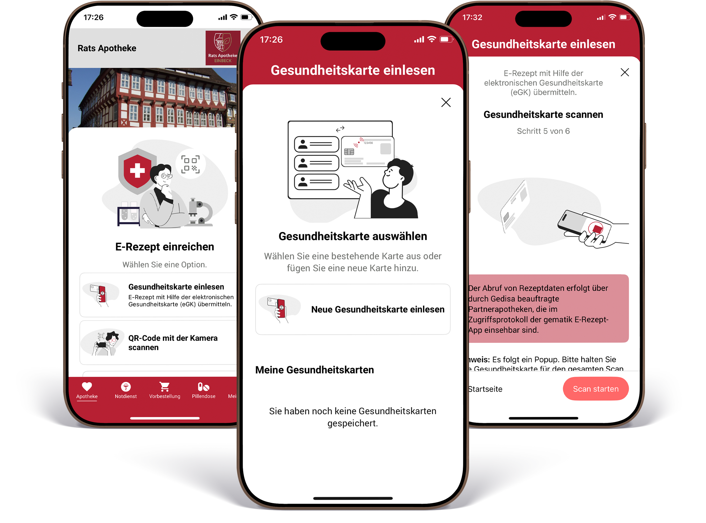 Zwei Smartphones nebeneinander, die den Prozess der E-Rezept-Übertragung und -Bestellung in der App darstellen.